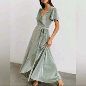 Baltic Born Andi Sage Green Pleated Wrap Maxi Dress